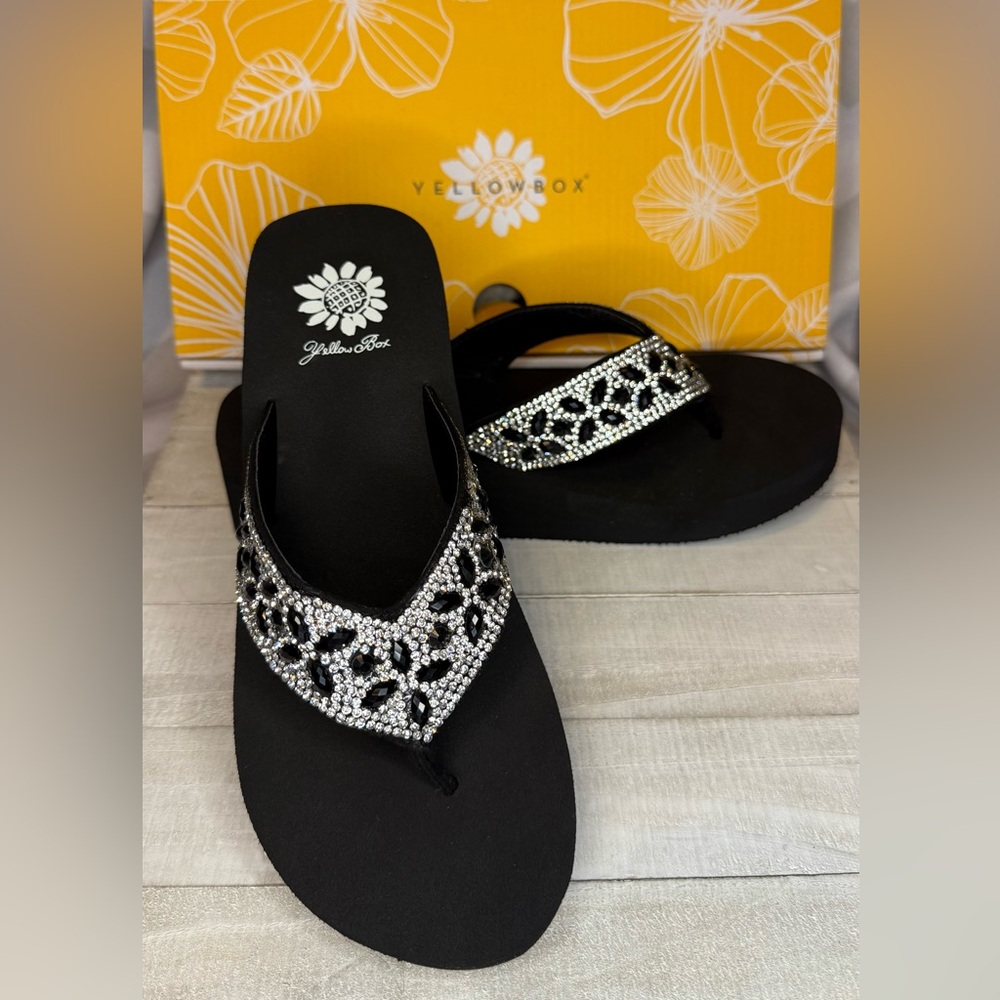 Yellow Box Black Sandals with Sparkling Accents